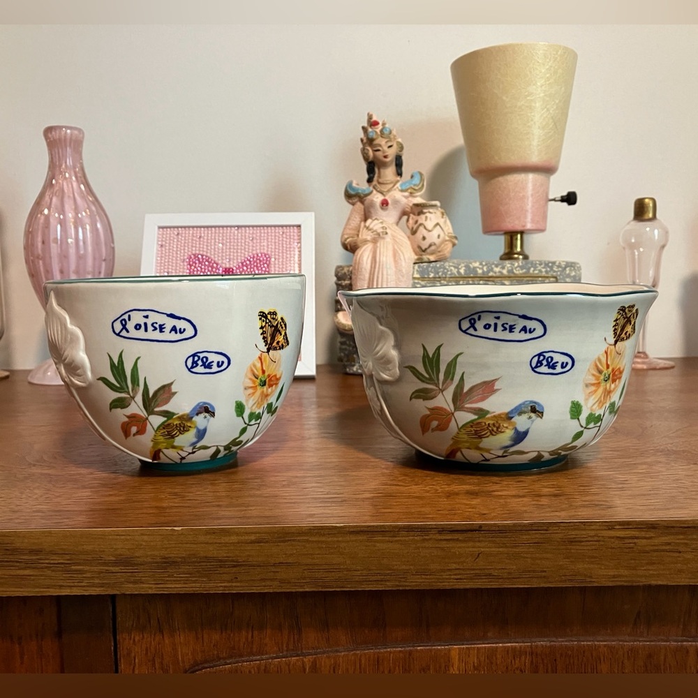 Anthropologie Nathalie Lete Titania Embossed Flowers Bird Mug and Bowl